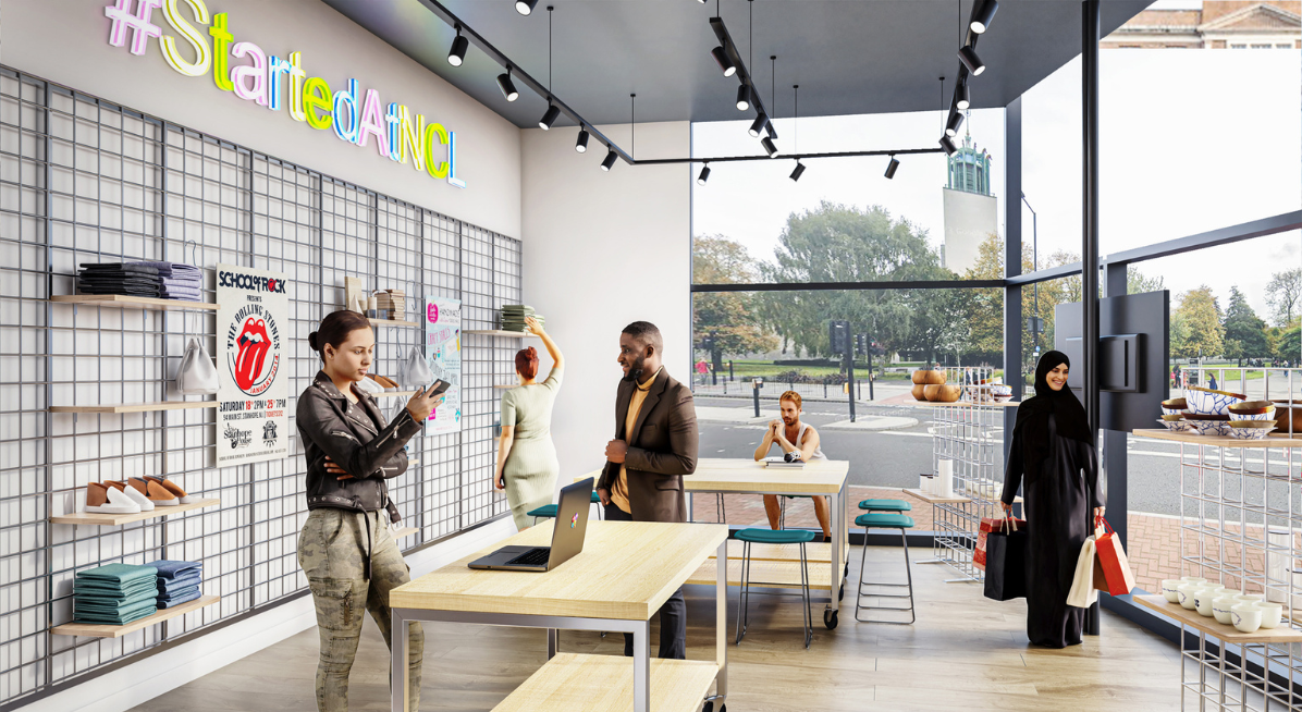 Visual of pop up shop showing shoppers buying items